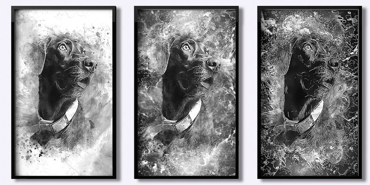 All three pet pic art styles in black and white