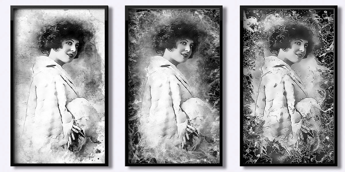 Three different styles of artwork in black and white for Artified Pics Restored Pics Page.